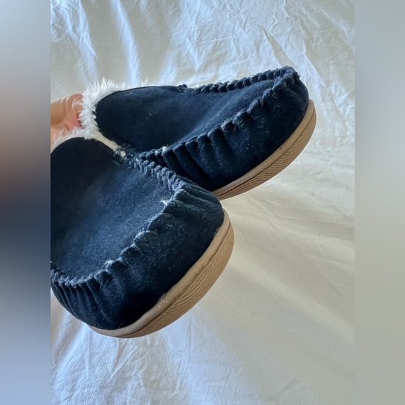 J.Crew Slippers Mens Size 12 Navy Suede Faux Shearling Lined Slip On - Picture 2 of 11